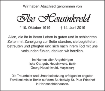 Traueranzeige von Ilse Heusinkveld  von Magdeburger Volksstimme