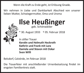 Traueranzeige von Ilse Heußinger (geb. Schönwälder)  von Magdeburger Volksstimme