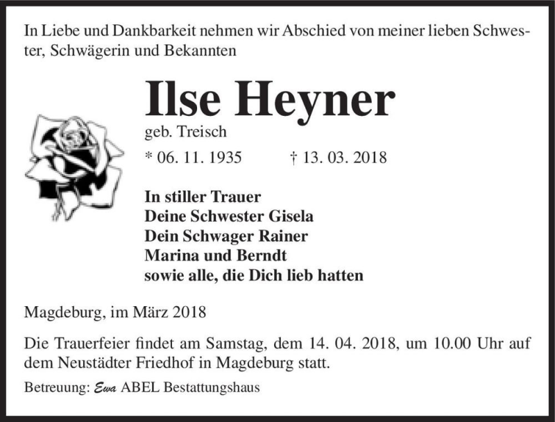  Traueranzeige für Ilse Heyner (geb. Treisch)  vom 31.03.2018 aus Magdeburger Volksstimme