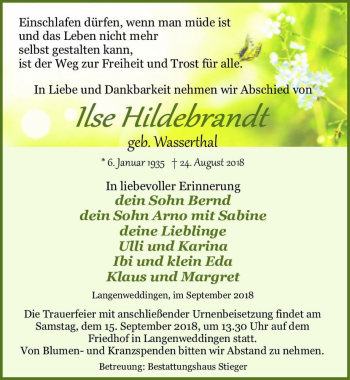 Traueranzeige von Ilse Hildebrandt (geb. Wasserthal)  von Magdeburger Volksstimme