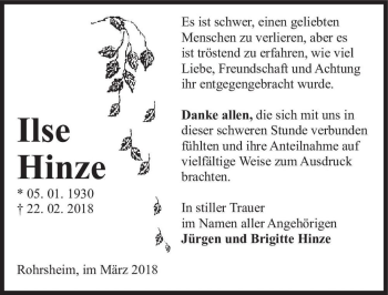 Traueranzeige von Ilse Hinze  von Magdeburger Volksstimme