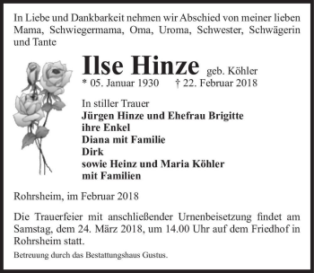 Traueranzeige von Ilse Hinze (geb. Köhler)  von Magdeburger Volksstimme