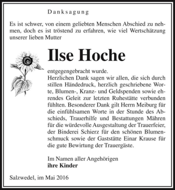Traueranzeige von Ilse Hoche  von Magdeburger Volksstimme