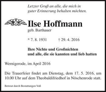 Traueranzeige von Ilse Hoffmann (geb. Barthauer)  von Magdeburger Volksstimme