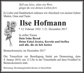 Traueranzeige von Ilse Hofmann  von Magdeburger Volksstimme