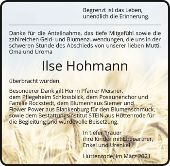 Traueranzeige von Ilse Hohmann  von Magdeburger Volksstimme