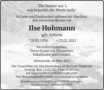 Traueranzeige von Ilse Hohmann (geb. Ecklebe)  von Magdeburger Volksstimme