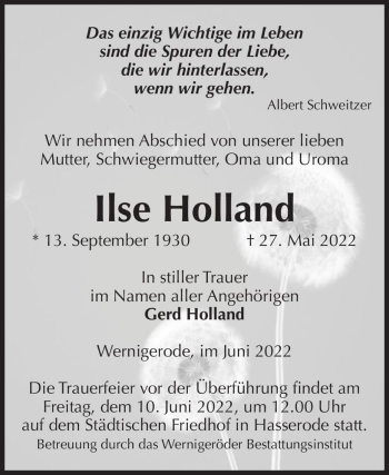 Traueranzeige von Ilse Holland  von Magdeburger Volksstimme
