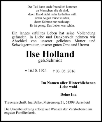 Traueranzeige von Ilse Holland (geb.Schmidt)  von Magdeburger Volksstimme