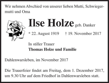 Traueranzeige von Ilse Holze (geb. Danker)  von Magdeburger Volksstimme