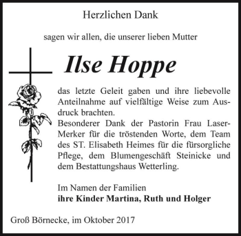 Traueranzeige von Ilse Hoppe  von Magdeburger Volksstimme