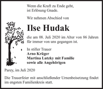 Traueranzeige von Ilse Hudak  von Magdeburger Volksstimme