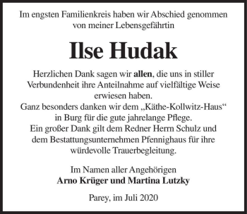 Traueranzeige von Ilse Hudak  von Magdeburger Volksstimme