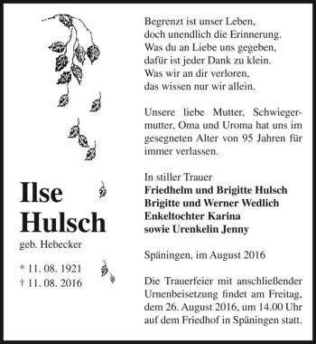 Traueranzeige von Ilse Hulsch (geb. Hebecker)  von Magdeburger Volksstimme
