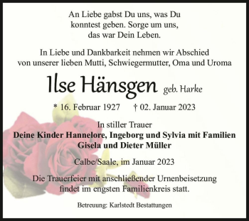 Traueranzeige von Ilse Hänsgen (geb. Harke)  von Magdeburger Volksstimme