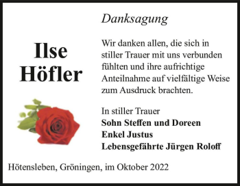 Traueranzeige von Ilse Höfler  von Magdeburger Volksstimme