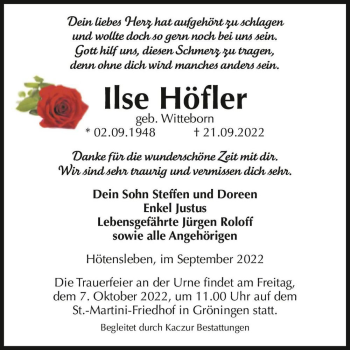 Traueranzeige von Ilse Höfler (geb. Witteborn)  von Magdeburger Volksstimme