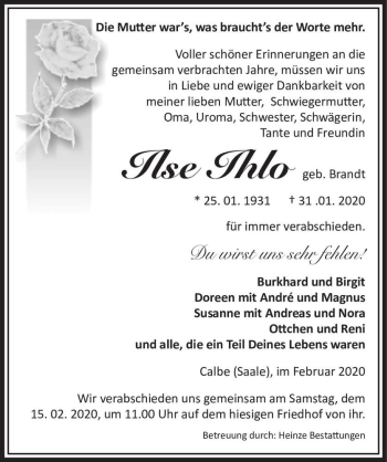 Traueranzeige von Ilse Ihlo (geb. Brandt)  von Magdeburger Volksstimme