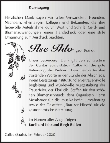 Traueranzeige von Ilse Ihlo (geb. Brandt)  von Magdeburger Volksstimme