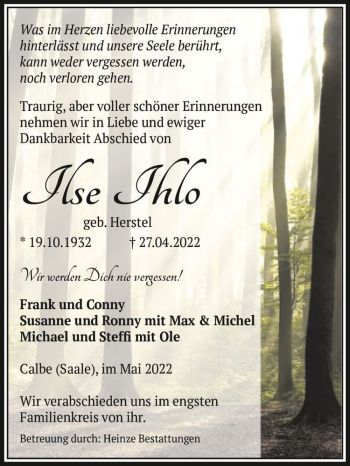 Traueranzeige von Ilse Ihlo (geb. Herstel)  von Magdeburger Volksstimme