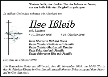 Traueranzeige von Ilse Ißleib (geb. Lackner)  von Magdeburger Volksstimme