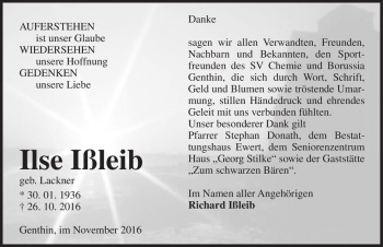 Traueranzeige von Ilse Ißleib (geb. Lackner)  von Magdeburger Volksstimme