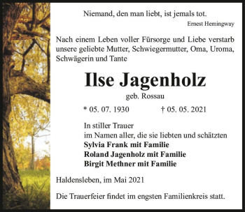 Traueranzeige von Ilse Jagenholz (geb. Rossau)  von Magdeburger Volksstimme