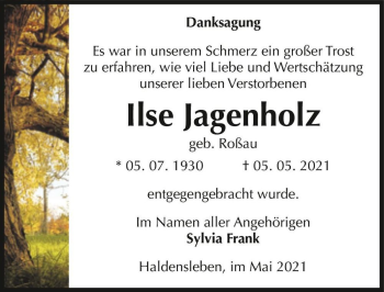 Traueranzeige von Ilse Jagenholz (geb. Roßau)  von Magdeburger Volksstimme