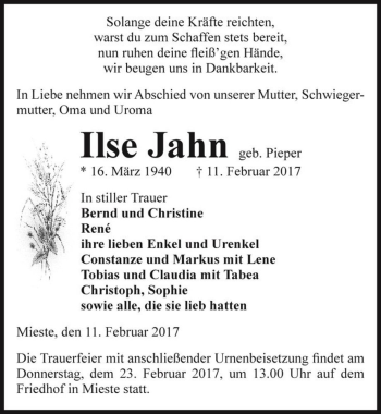 Traueranzeige von Ilse Jahn (geb. Pieper)  von Magdeburger Volksstimme