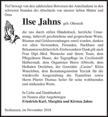 Traueranzeige von Ilse Jahns (geb. Ohrstedt)  von Magdeburger Volksstimme