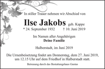 Traueranzeige von Ilse Jakobs (geb. Kappe)  von Magdeburger Volksstimme