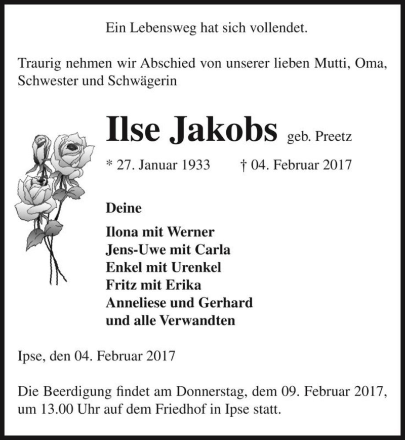  Traueranzeige für Ilse Jakobs (geb. Preetz)  vom 08.02.2017 aus Magdeburger Volksstimme