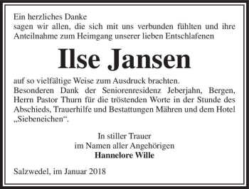 Traueranzeige von Ilse Jansen  von Magdeburger Volksstimme