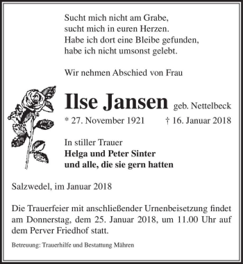 Traueranzeige von Ilse Jansen (geb. Nettelbeck)  von Magdeburger Volksstimme