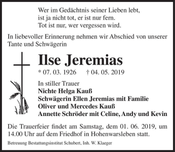 Traueranzeige von Ilse Jeremias  von Magdeburger Volksstimme