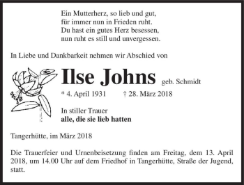 Traueranzeige von Ilse Johns (geb. Schmidt)  von Magdeburger Volksstimme