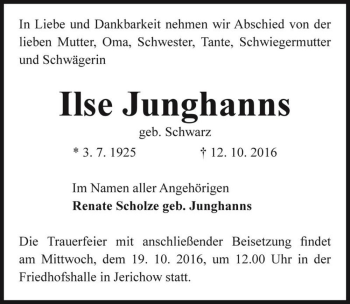 Traueranzeige von Ilse Junghanns (geb. Schwarz)  von Magdeburger Volksstimme