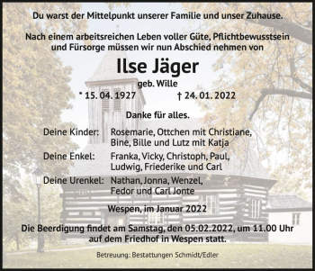 Traueranzeige von Ilse Jäger (geb. Wille)  von Magdeburger Volksstimme