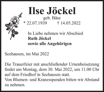 Traueranzeige von Ilse Jöckel (geb. Bäse)  von Magdeburger Volksstimme