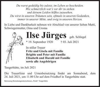 Traueranzeige von Ilse Jürges (geb. Schlegel)  von Magdeburger Volksstimme