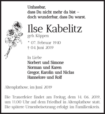 Traueranzeige von Ilse Kabelitz (geb. Köppen)  von Magdeburger Volksstimme