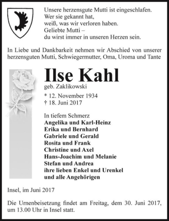 Traueranzeige von Ilse Kahl (geb. Zaklikowski)  von Magdeburger Volksstimme