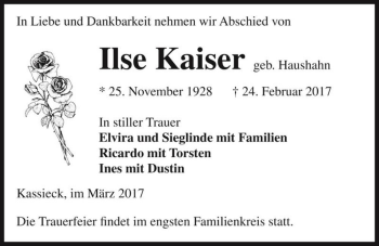 Traueranzeige von Ilse Kaiser (geb. Haushahn)  von Magdeburger Volksstimme