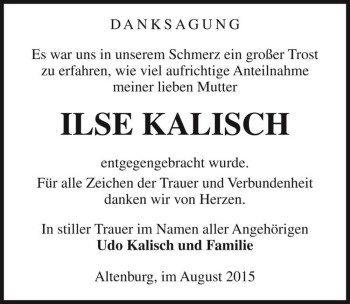 Traueranzeige von Ilse Kalisch  von Magdeburger Volksstimme