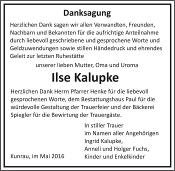 Traueranzeige von Ilse Kalupke  von Magdeburger Volksstimme