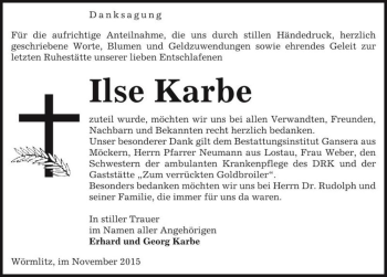 Traueranzeige von Ilse Karbe  von Magdeburger Volksstimme