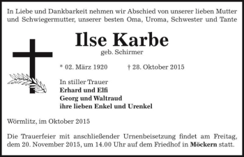 Traueranzeige von Ilse Karbe (geb. Schirmer)  von Magdeburger Volksstimme