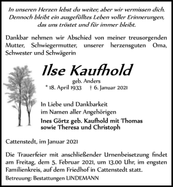 Traueranzeige von Ilse Kaufhold (geb. Anders)  von Magdeburger Volksstimme