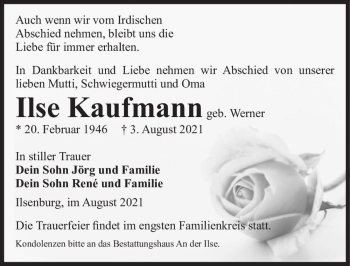 Traueranzeige von Ilse Kaufmann (geb. Werner)  von Magdeburger Volksstimme