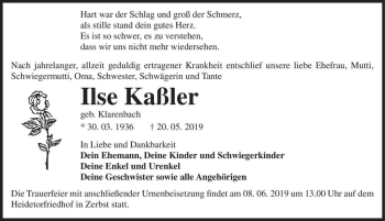 Traueranzeige von Ilse Kaßler (geb. Klarenbach)  von Magdeburger Volksstimme